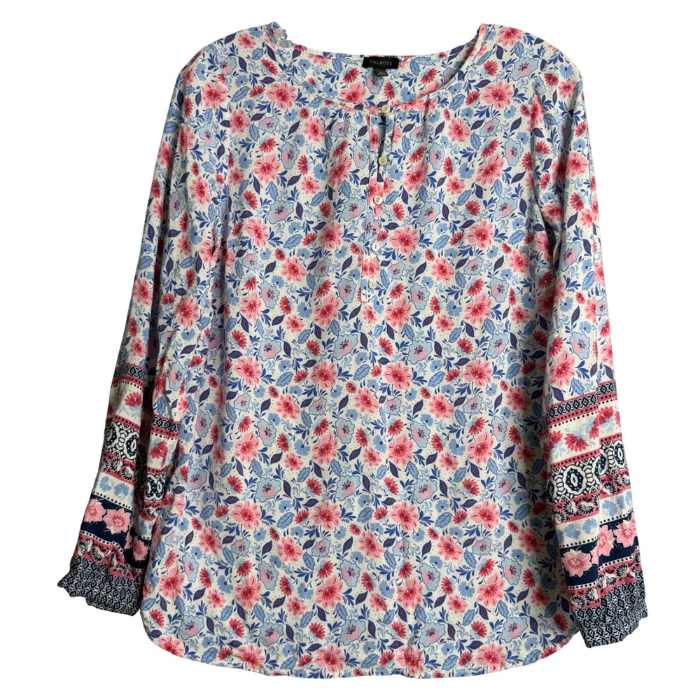 Talbots Floral Popover Top Womens M Red Blue‎ Boho Lightweight Preppy Rayon